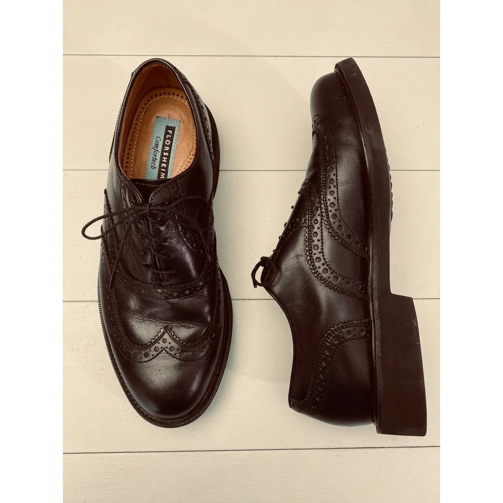 Florsheim Comfortech Wingtip Oxfords Shoes Mens 8 3E‎ Black Leather Vibram 20393
